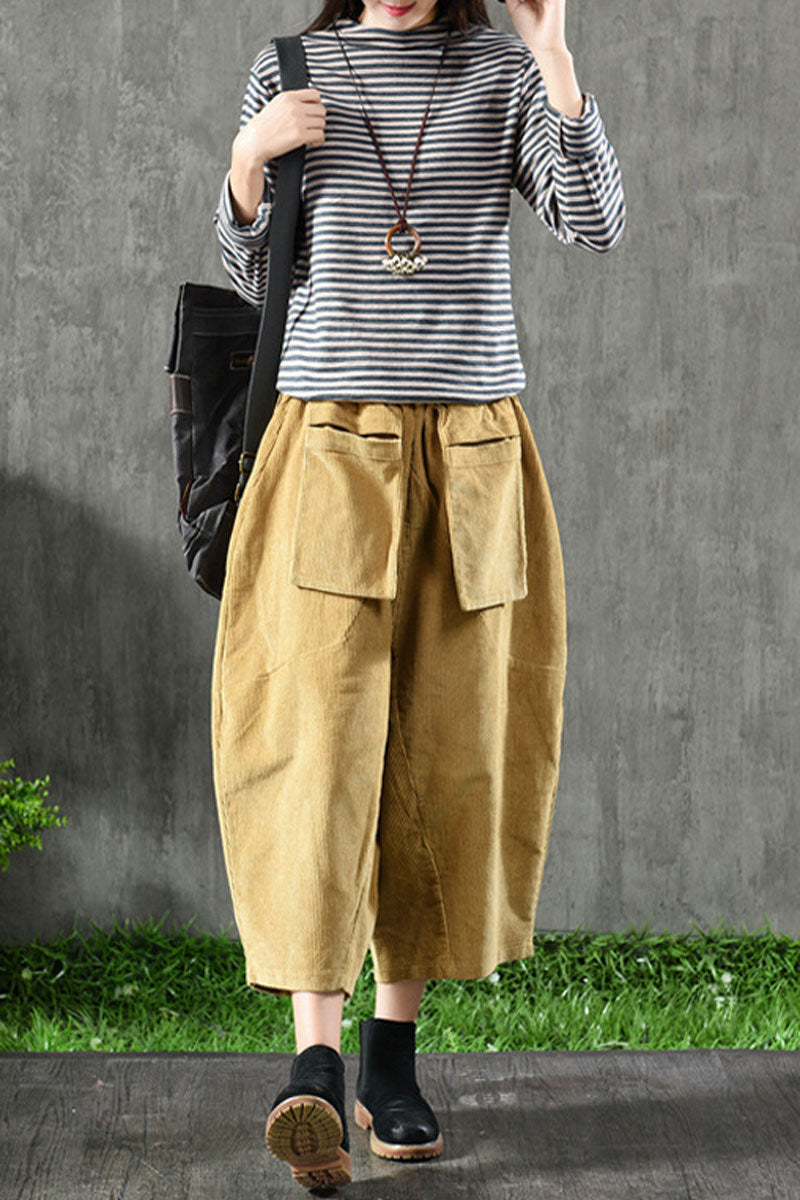 Yellow Elastic Waist Corduroy Pants C2441