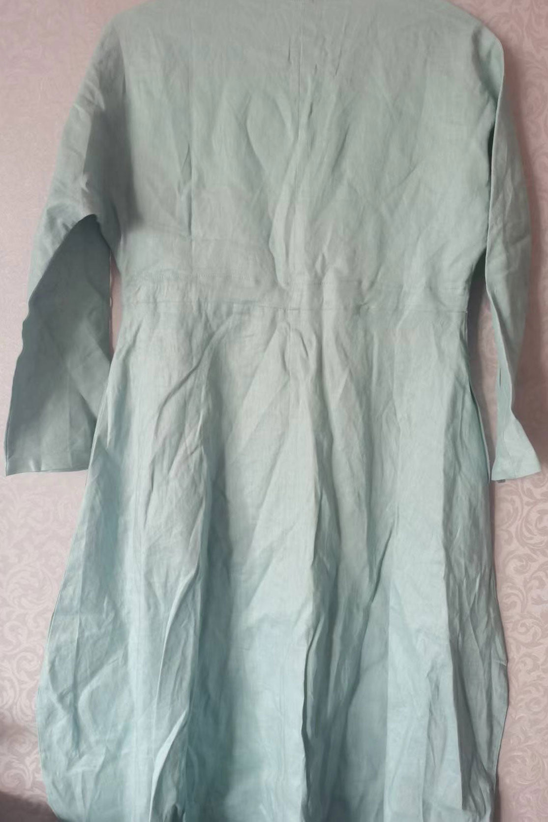 Drawstring Waist Long Sleeve Linen Dress C2911#CK