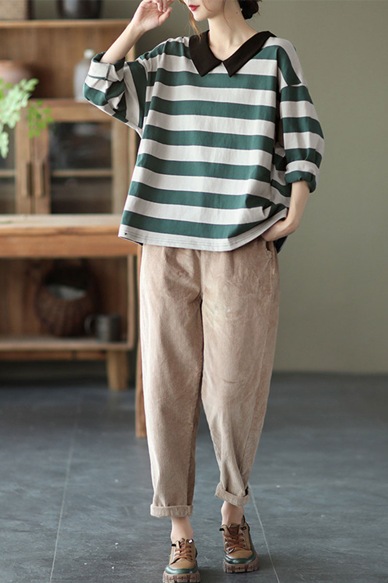 Khaki Elastic Waist Corduroy Pants C2440