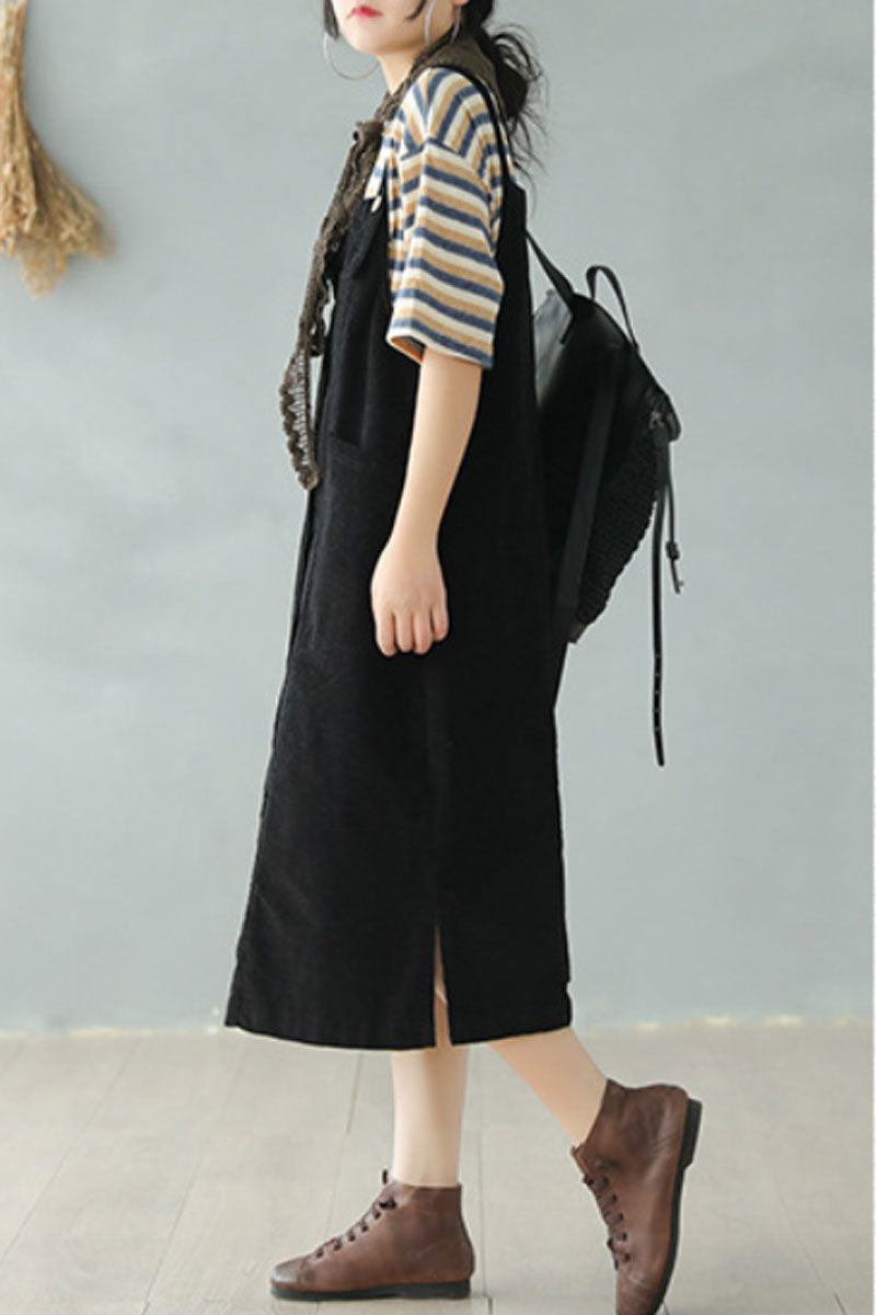 Black Corduroy Strap Dress C2447