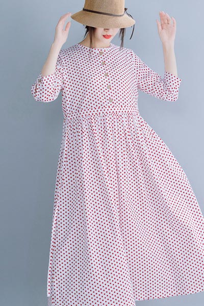 Cotton round collar long dress waist show slim temperament dress 190233