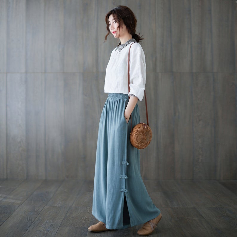 Blue Elastic Waist Wide Leg Linen Pants C1816