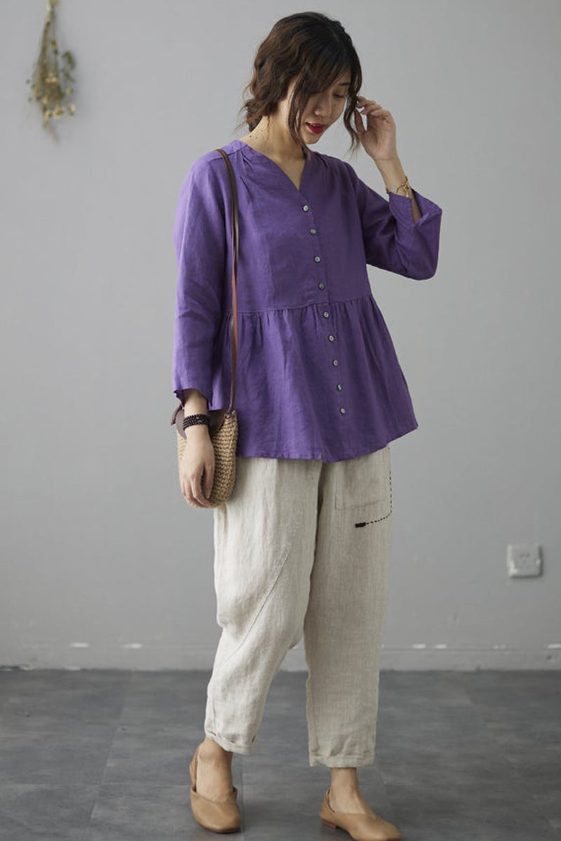 Purple Casual Long Sleeves Linen Shirt Tops C184903