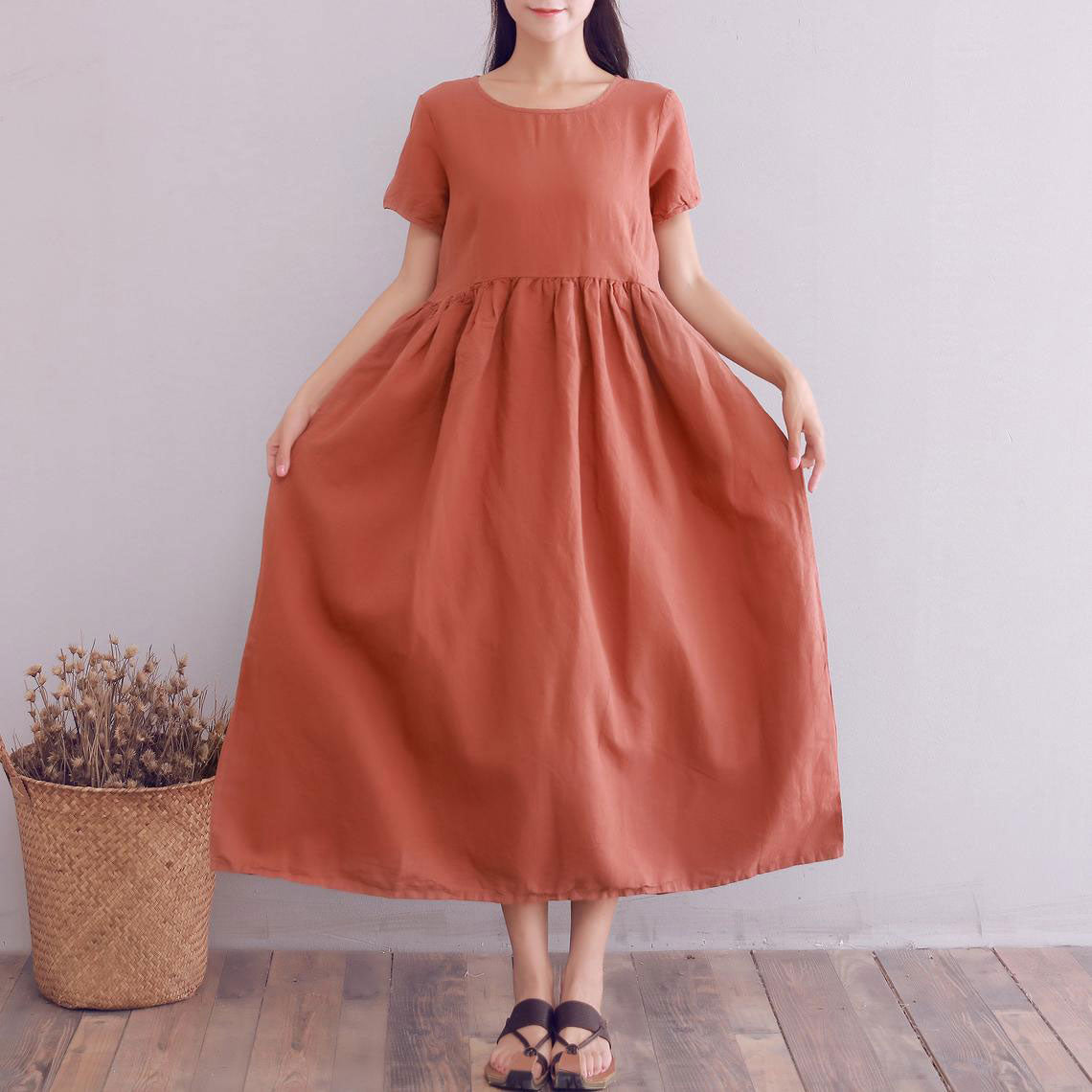 short sleeve loose fit linen maxi dress A008