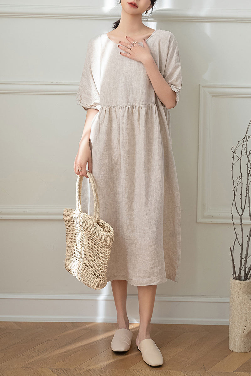 Beige Linen Dress - Loose Fit Pleated Waist Casual Summer Dress C3191