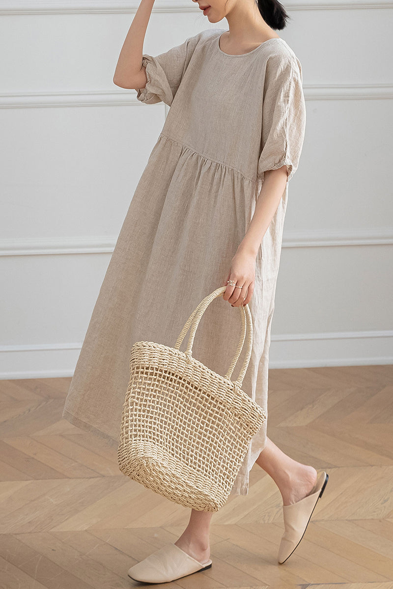 Loose Short Sleeve Linen Dress C3191