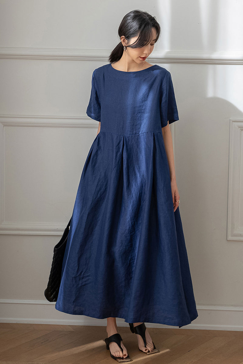 Long Navy Blue Linen Dress C3192