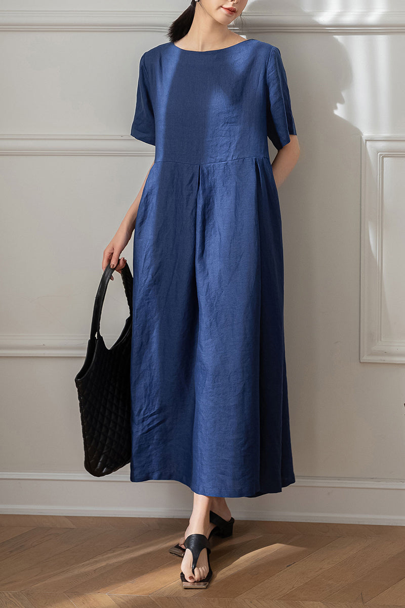 Long Navy Blue Linen Dress C3192