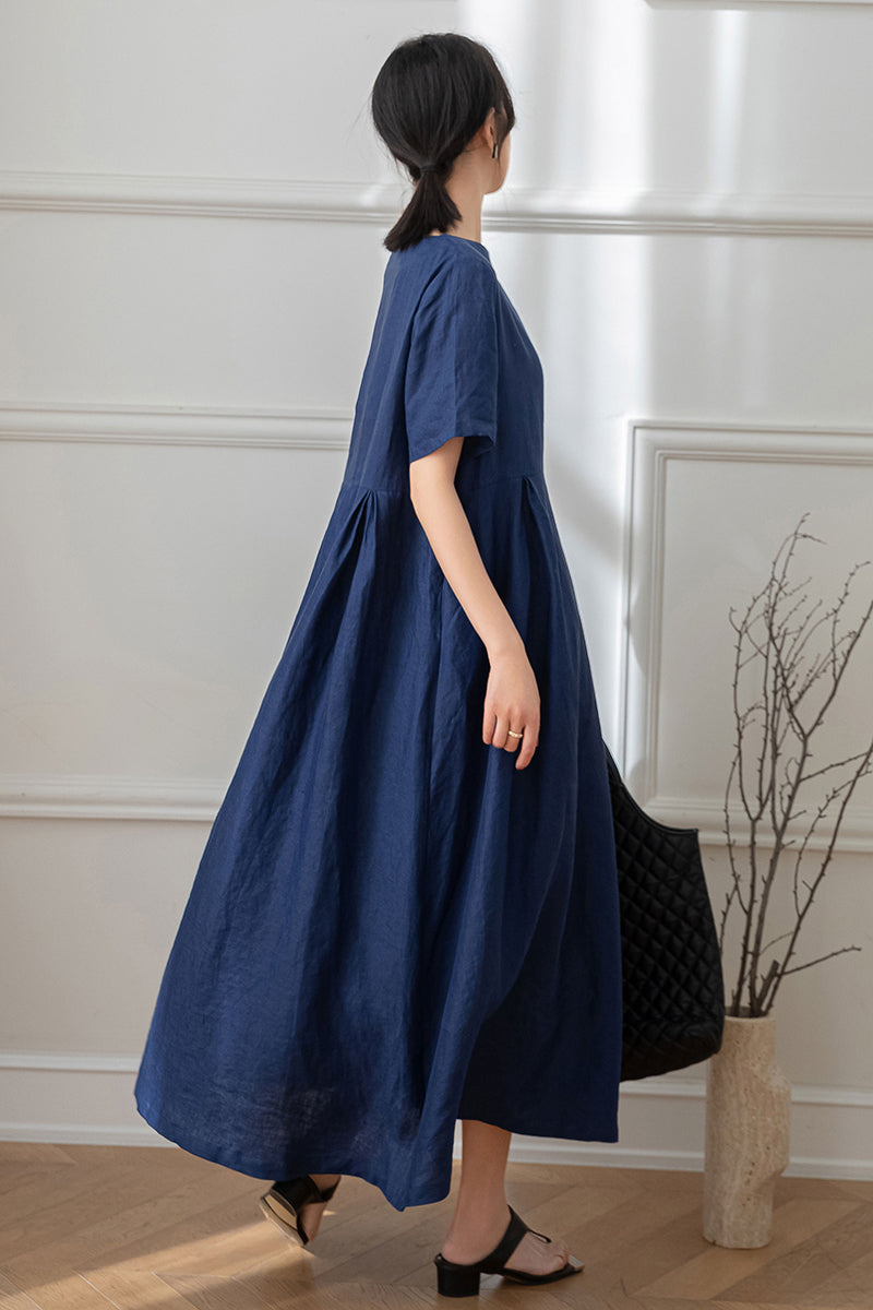 Long Navy Blue Linen Dress C3192