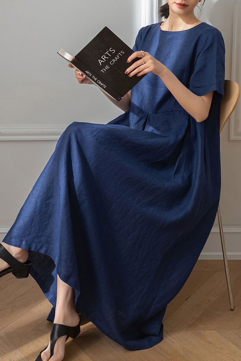 Long Navy Blue Linen Dress C3192