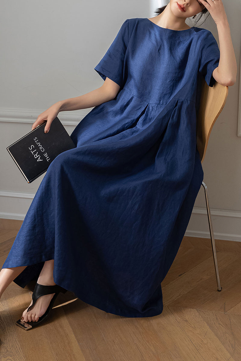 Long Navy Blue Linen Dress C3192