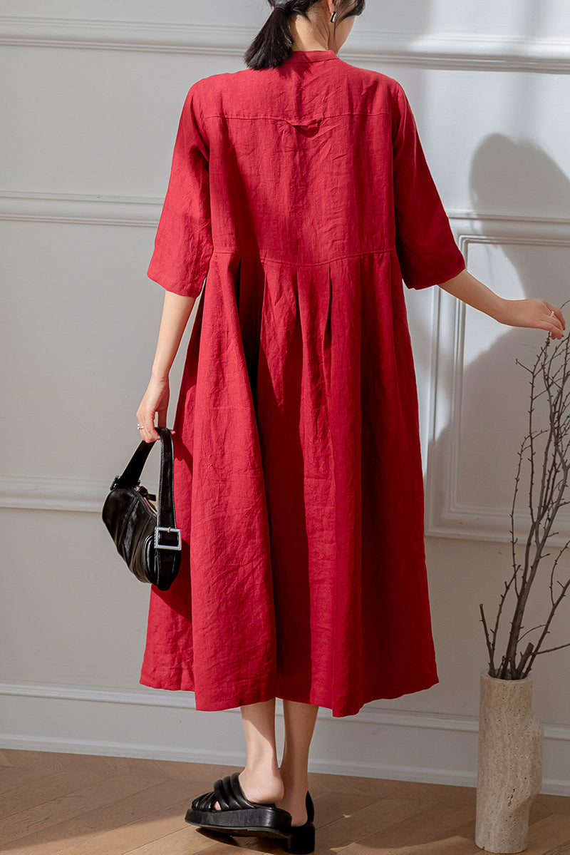 Red Half Sleeve Linen Dress C3196