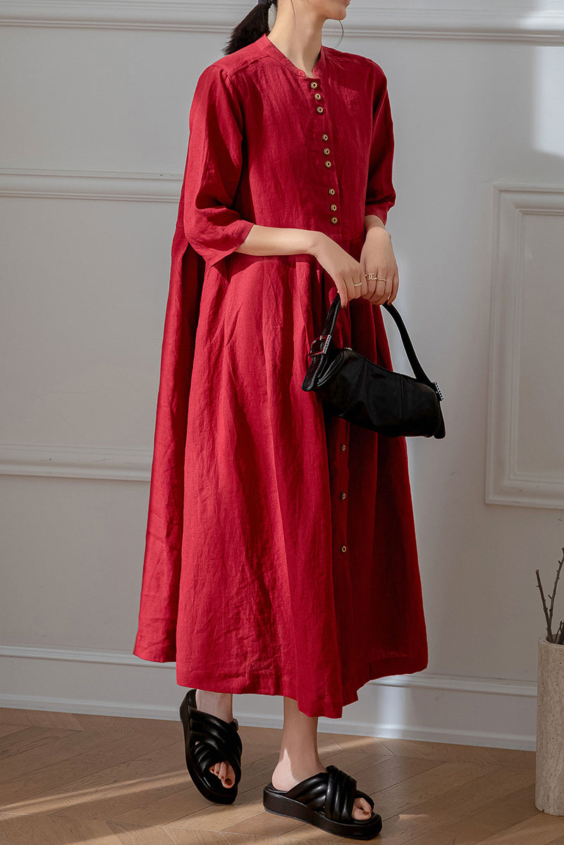 Red Half Sleeve Linen Dress C3196