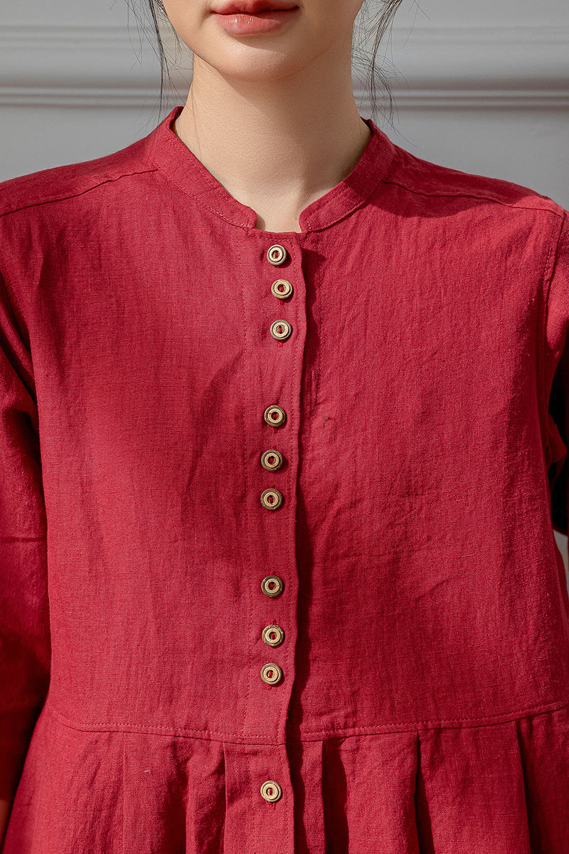 Red Half Sleeve Linen Dress C3196