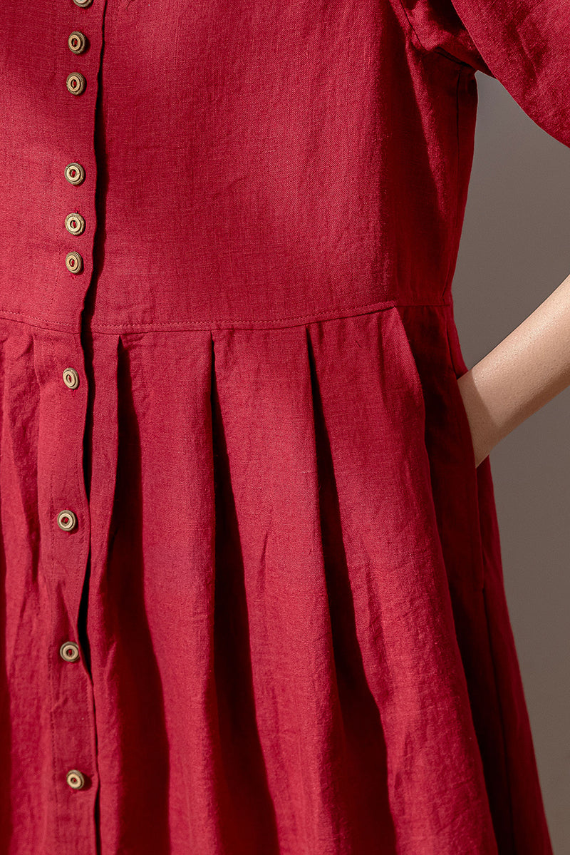 Red Linen Midi Dress - Pleated Waist, Half Sleeve C3196