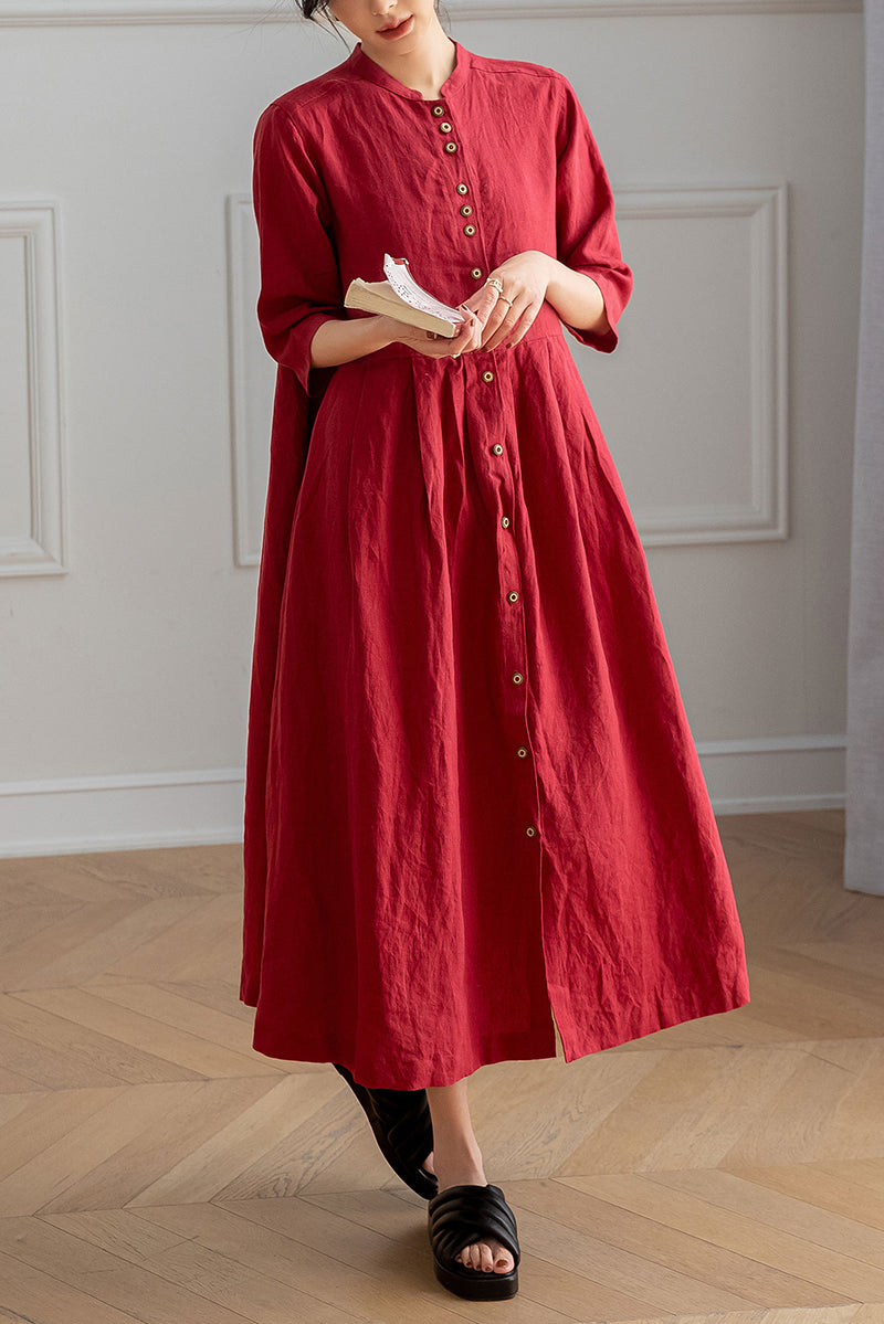 Red Half Sleeve Linen Dress C3196