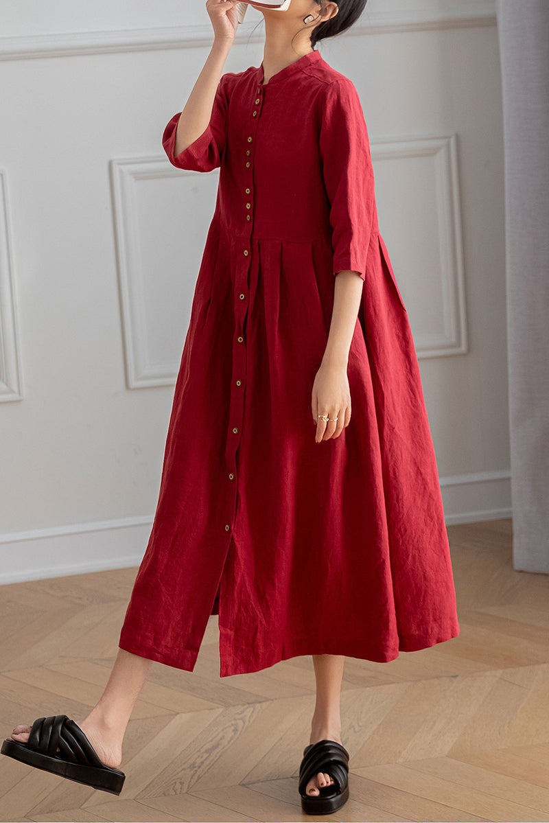 Red Half Sleeve Linen Dress C3196