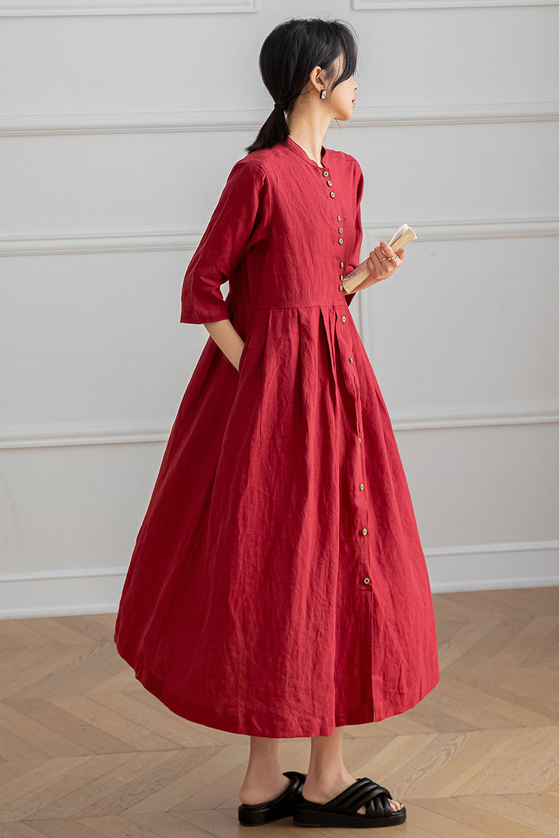 Red Half Sleeve Linen Dress C3196