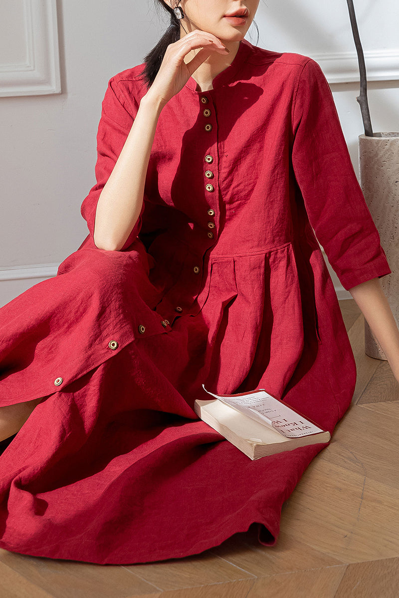 Red Half Sleeve Linen Dress C3196