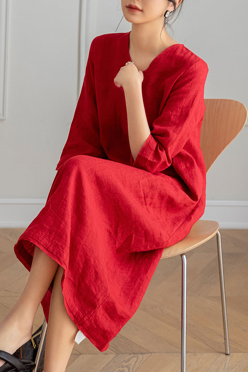 Red V-neck Midi Linen Dress C3197