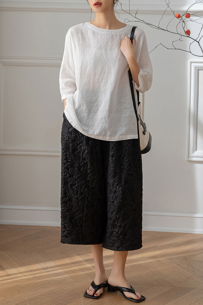 White Half Sleeve Linen Tops C3198