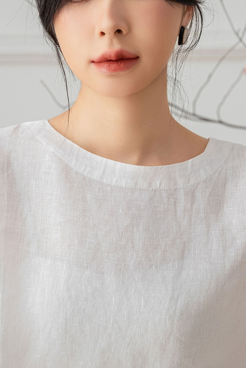White Half Sleeve Linen Tops C3198