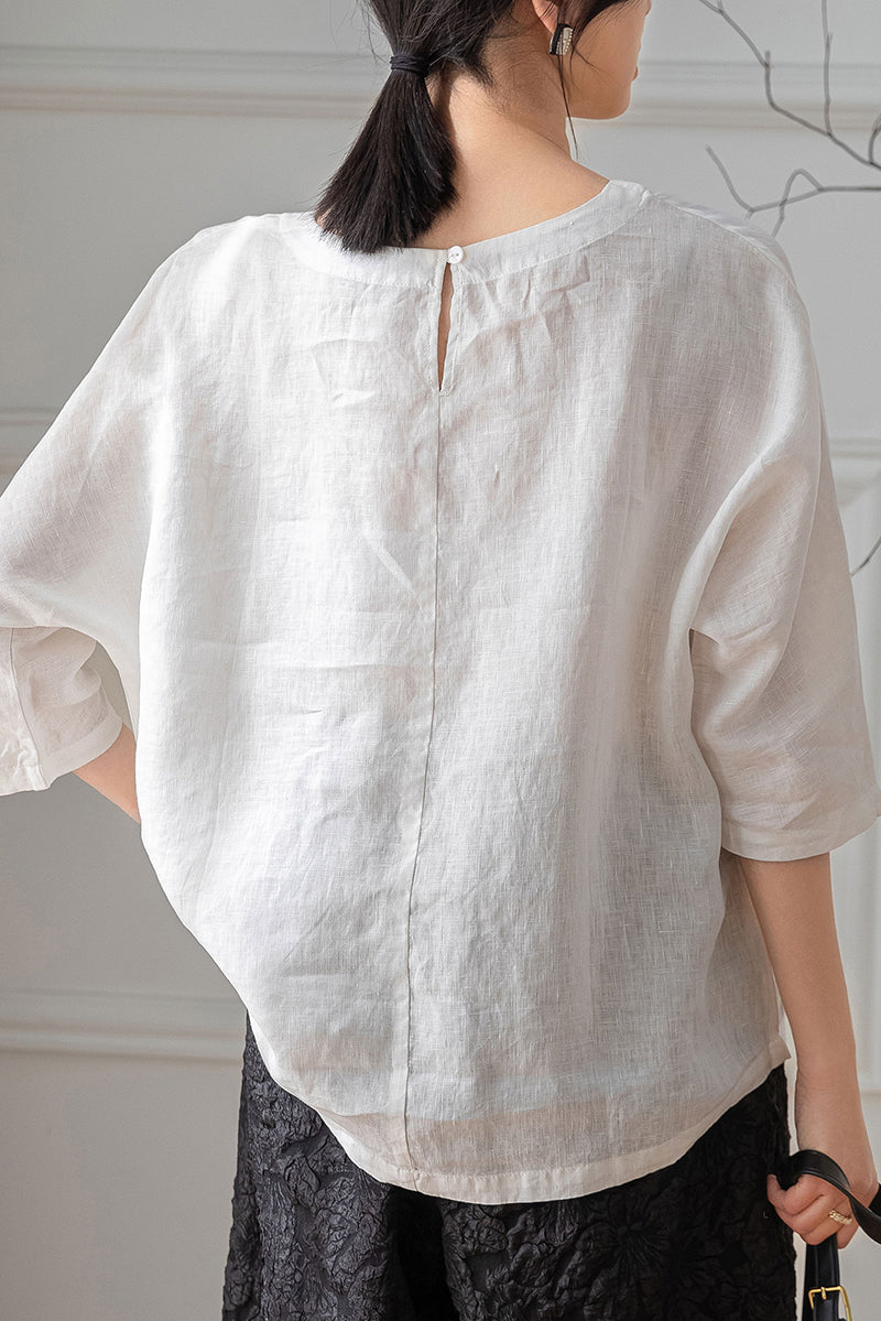White Half Sleeve Linen Tops C3198