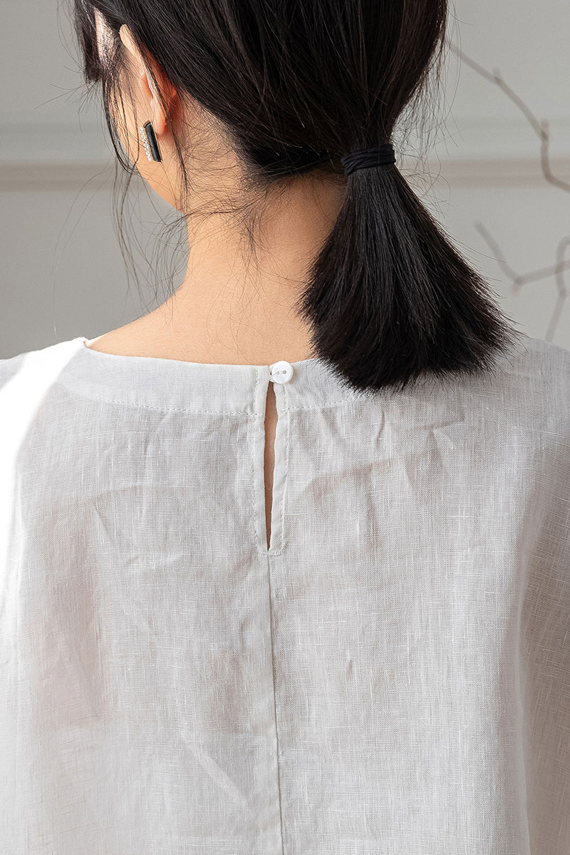 White Half Sleeve Linen Tops C3198