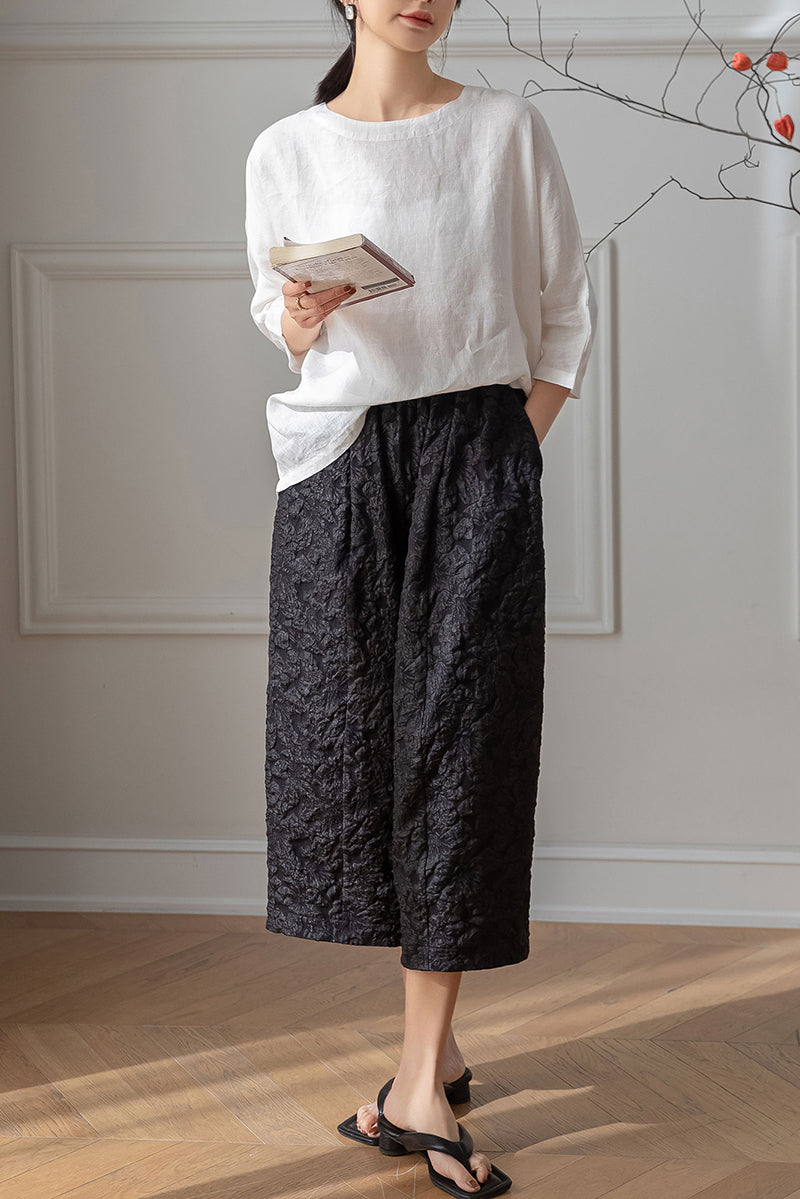 White Half Sleeve Linen Tops C3198