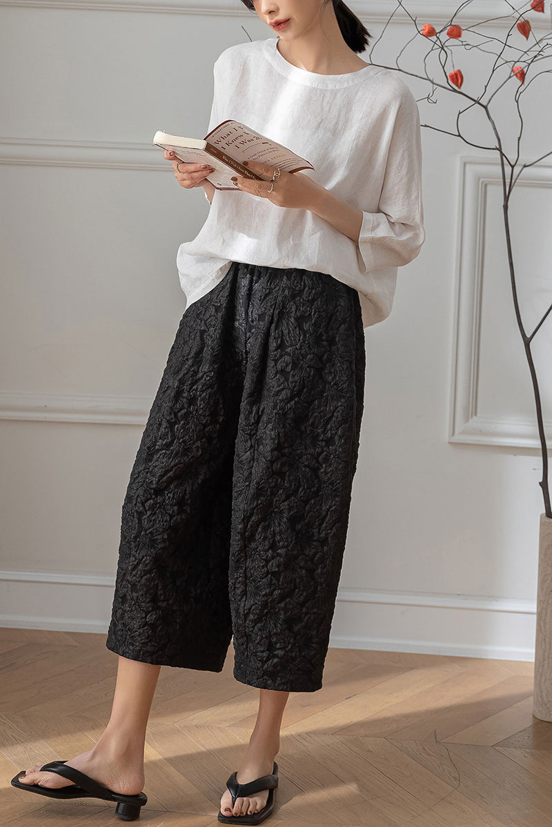 White Half Sleeve Linen Tops C3198