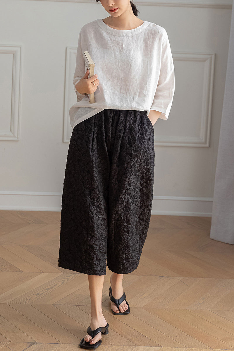 White Half Sleeve Linen Tops C3198