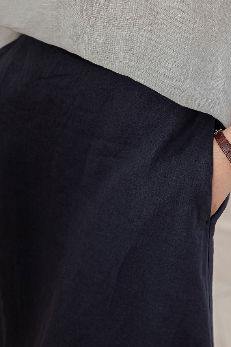 Navy Blue Linen Midi Skirt - High Waist A-Line Silhouette C3201