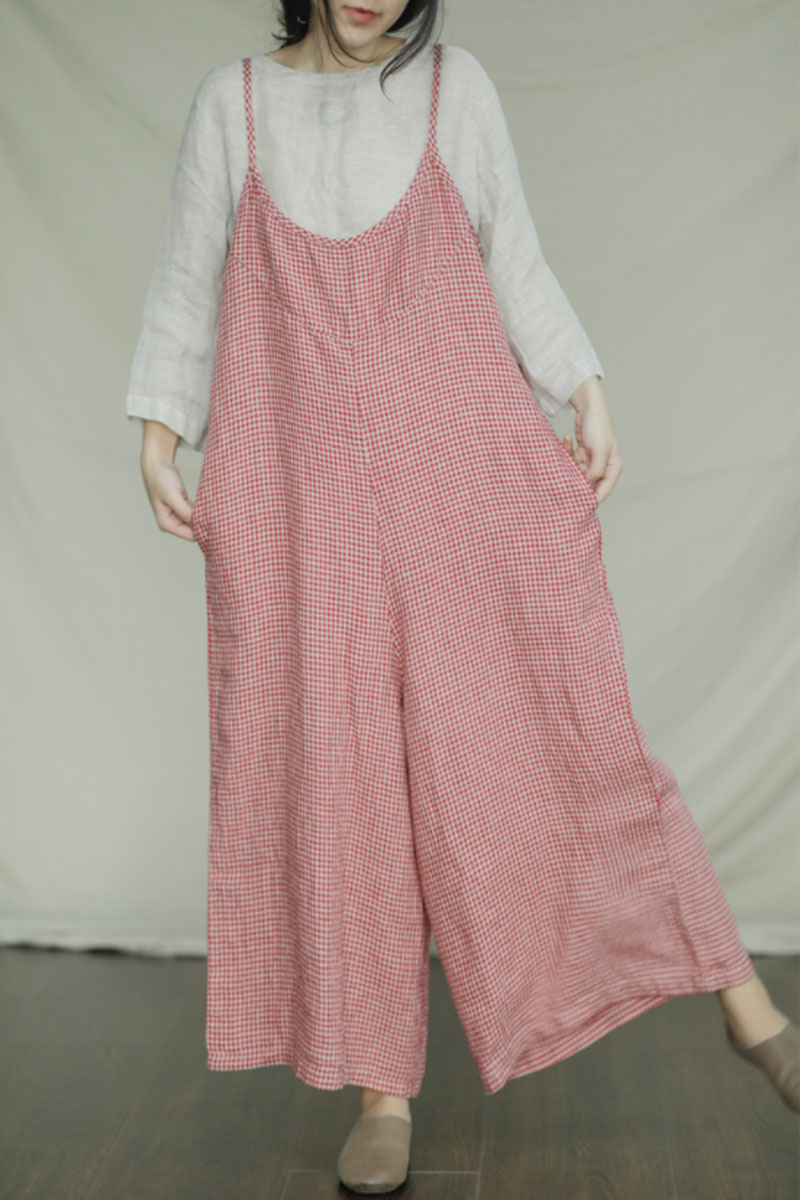 Red Plaid Sleeveless Linen Jumpsuits C2398