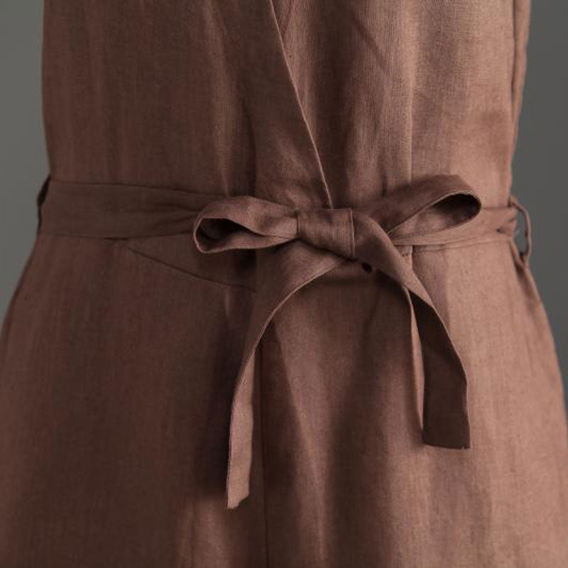 Deep V Neck Linen Jumpsuits in Coffee Color C2392