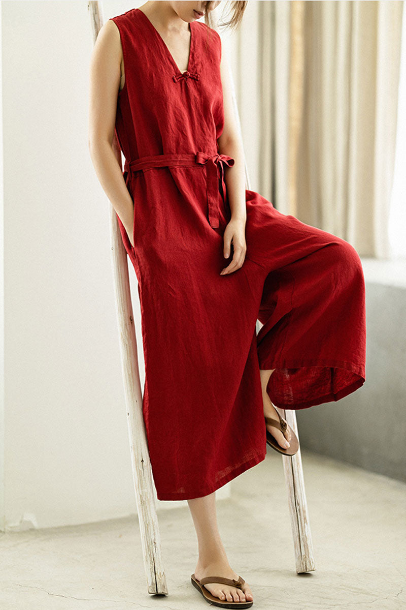 Deep V Neck Red Linen Jumpsuits C2394