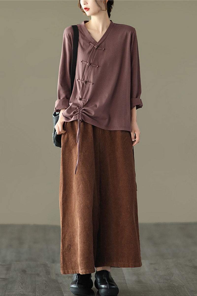 Brown Elastic Waist Wide Leg Corduroy Pants C2443