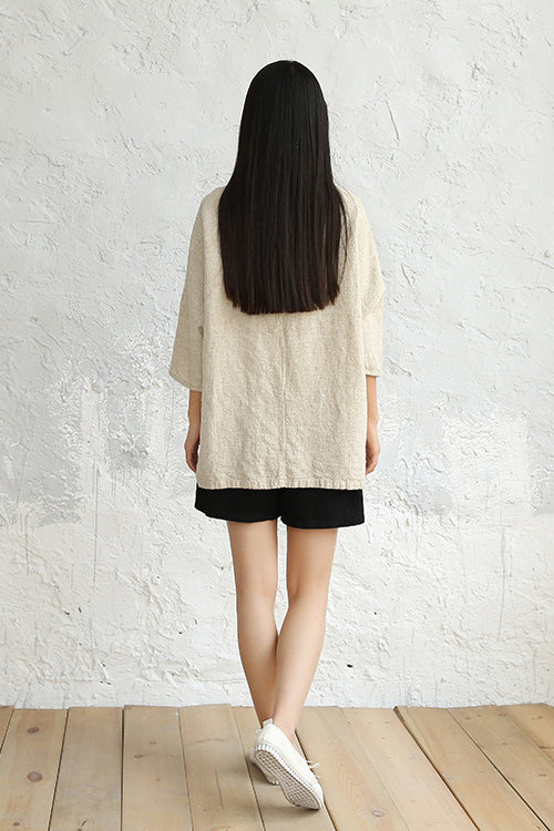 Khaki Cotton Linen Short Sleeve Tops C2828