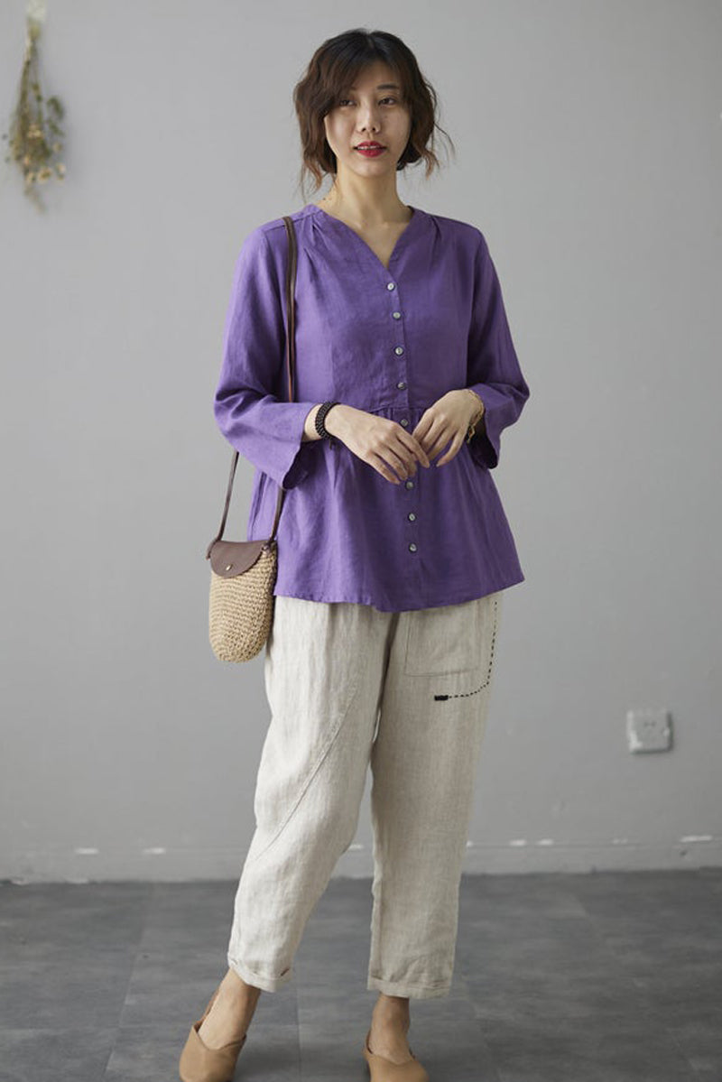 Purple Casual Long Sleeves Linen Shirt Tops C184903