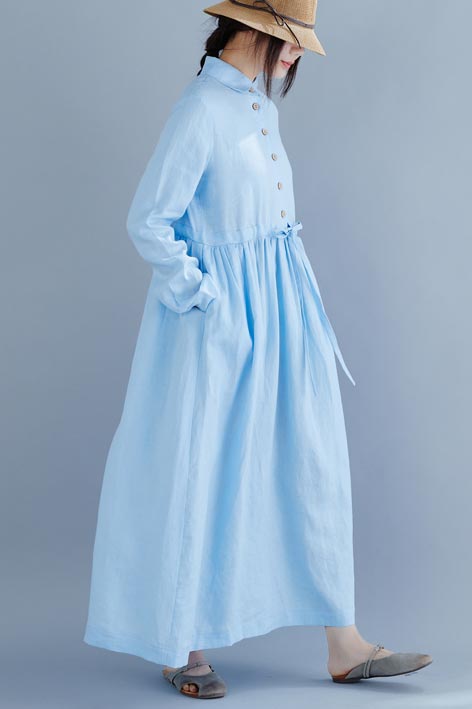 Flax art sen department doll collar long loose waist cotton and linen dress 190236