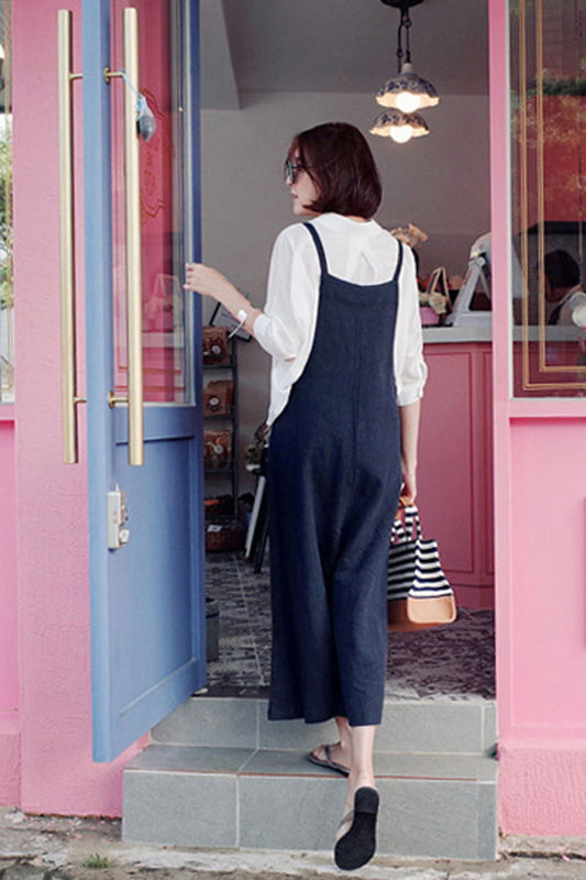 Blue Linen Wide Leg Jumpsuit - Casual, Comfortable Fit C2385
