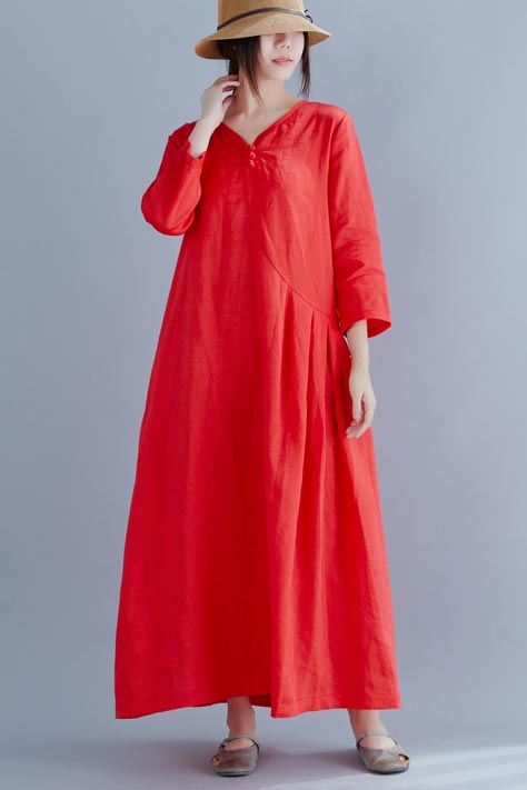 Red Linen Maxi Dress - Loose Waist with Three-Quarter Sleeves 190242