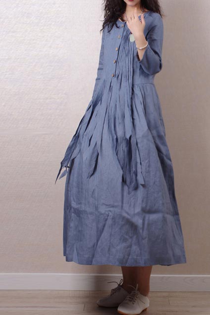 Literary style retro pleated long sleeves  linen maxi dress 190237