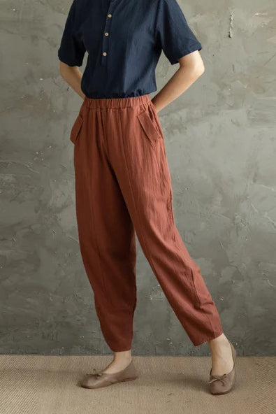 Linen Cropped Pants - Elastic Waist, Relaxed Fit | Ylistyle c2855