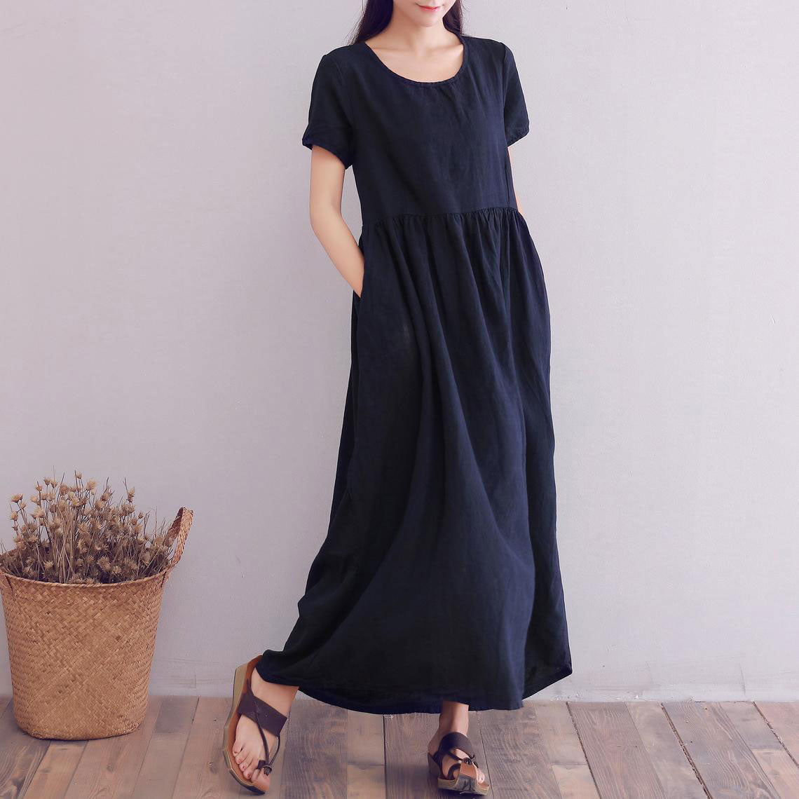 short sleeve loose fit linen maxi dress A008