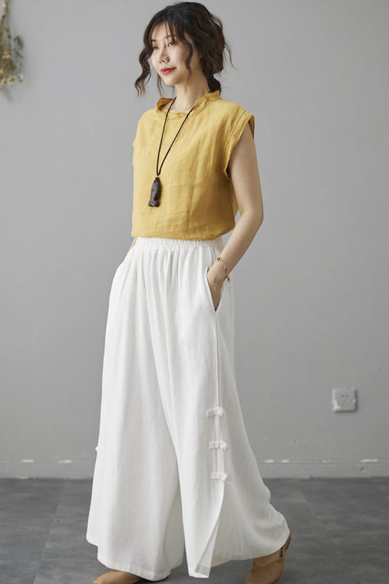 White Elastic Waist Wide Leg Linen Pants C181604