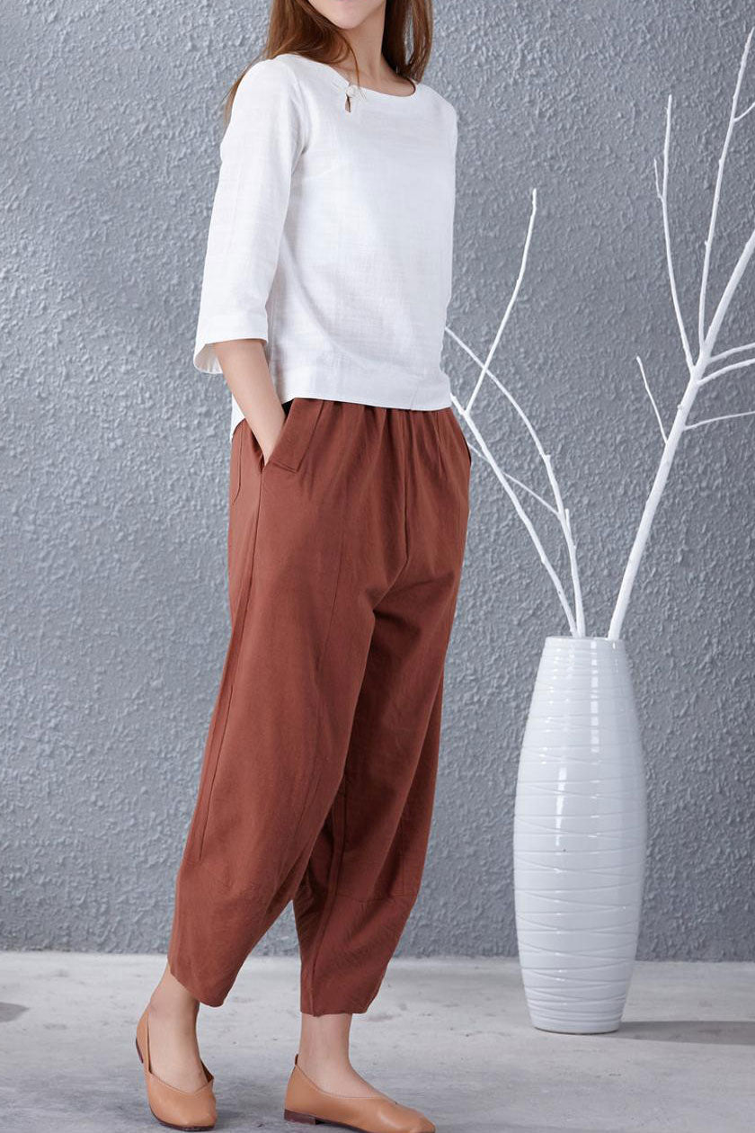 Casual wild leg linen pants with elastic waist A007