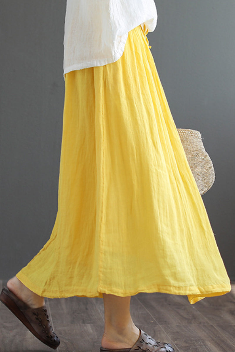 Yellow Elastic Waist Linen Swing Skirt C190303