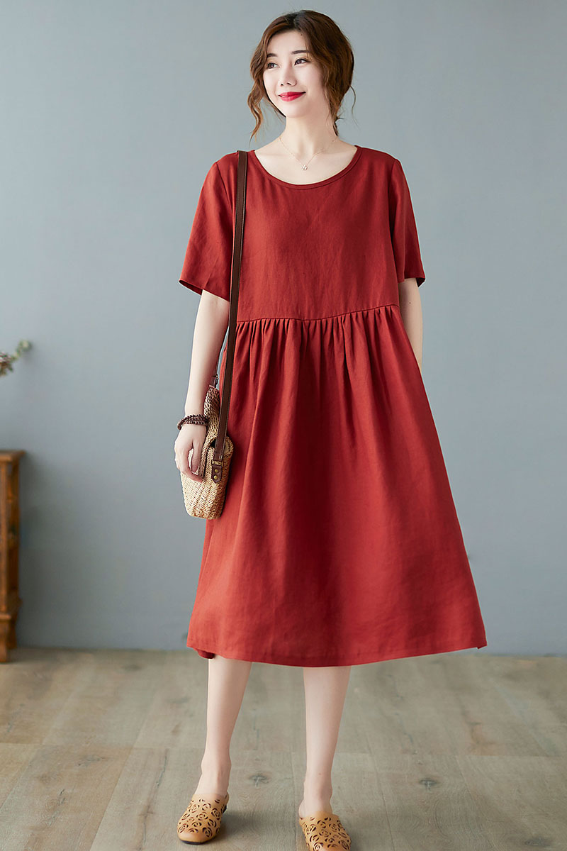 Red Linen Midi Dress - Pleated Waistband & Loose Fit C2363