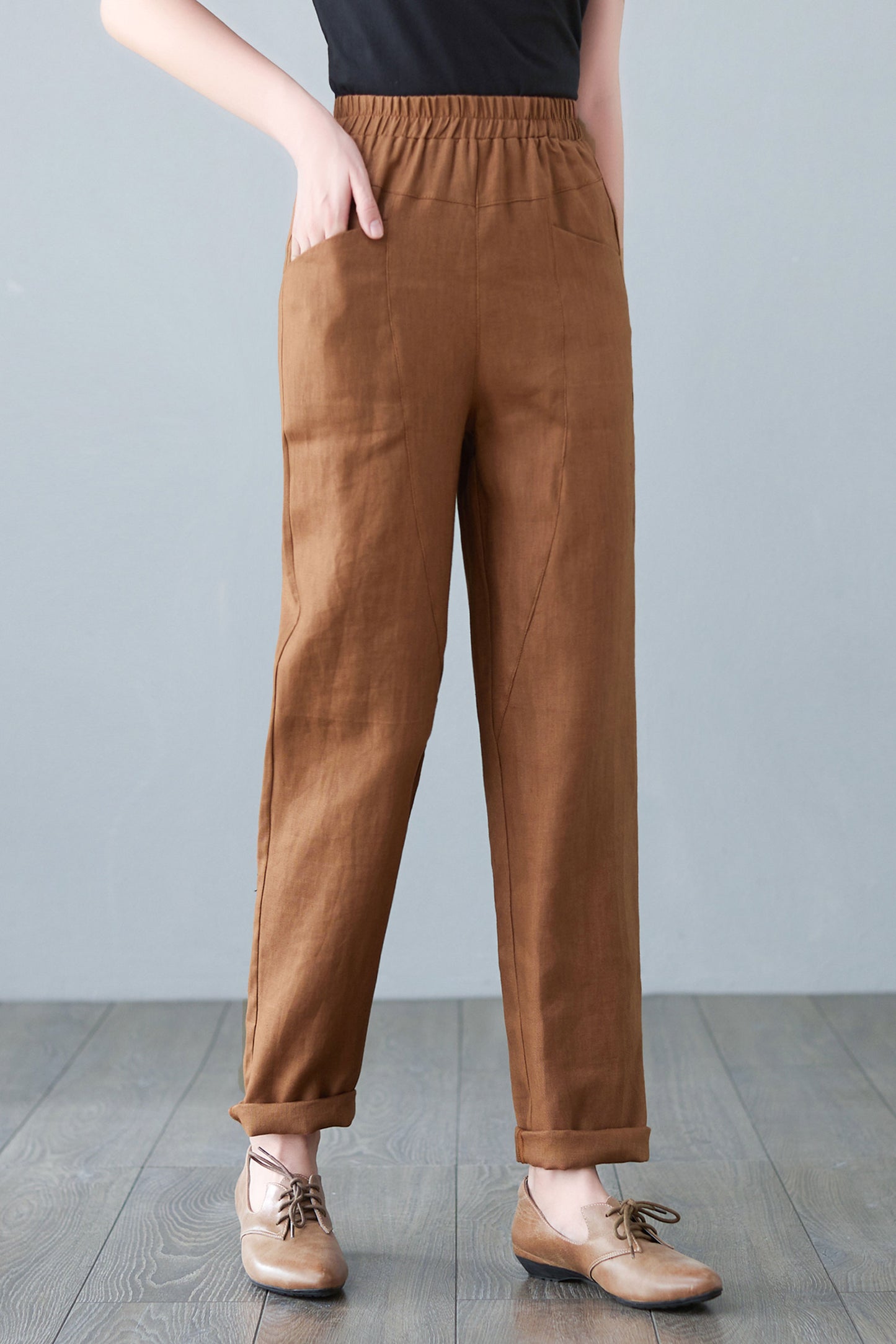 Brown Spring Long Linen Pants C2646