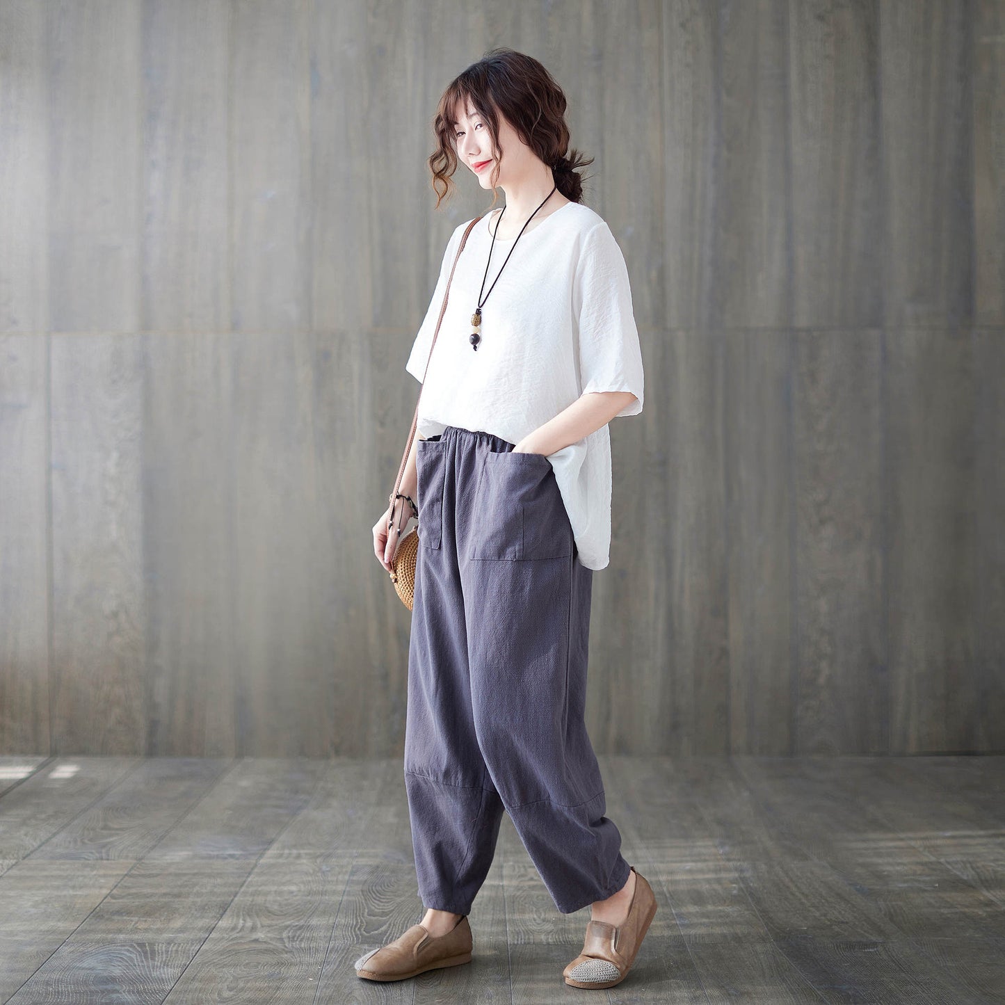 Purple Baggy Linen Pants C1874